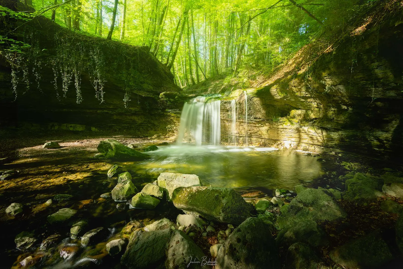 Petite cascade en plusieurs filets sous un surplomb de roche stratifiée, au-dessus d'une vasque claire. Galets moussus au premier plan, forêt vert tendre au-dessus.